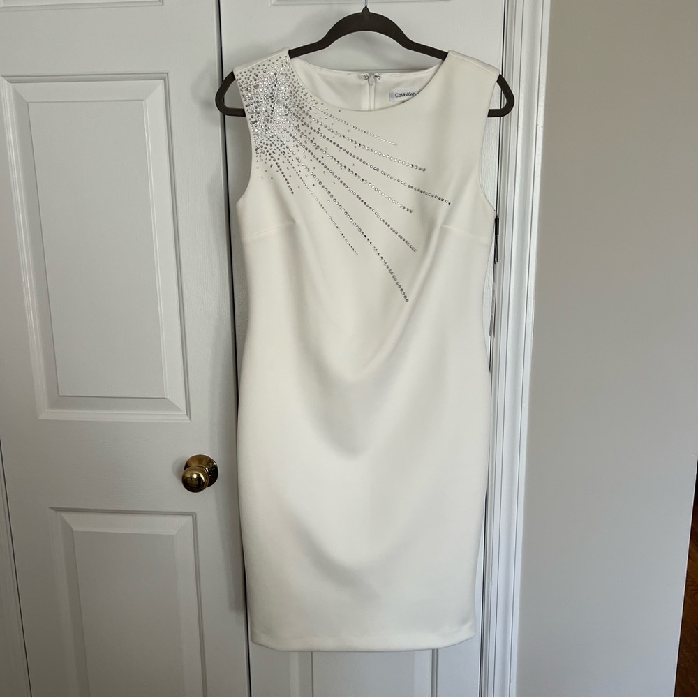 Calvin Klein Embellished Scuba Sheath Dress Cream Size 10
